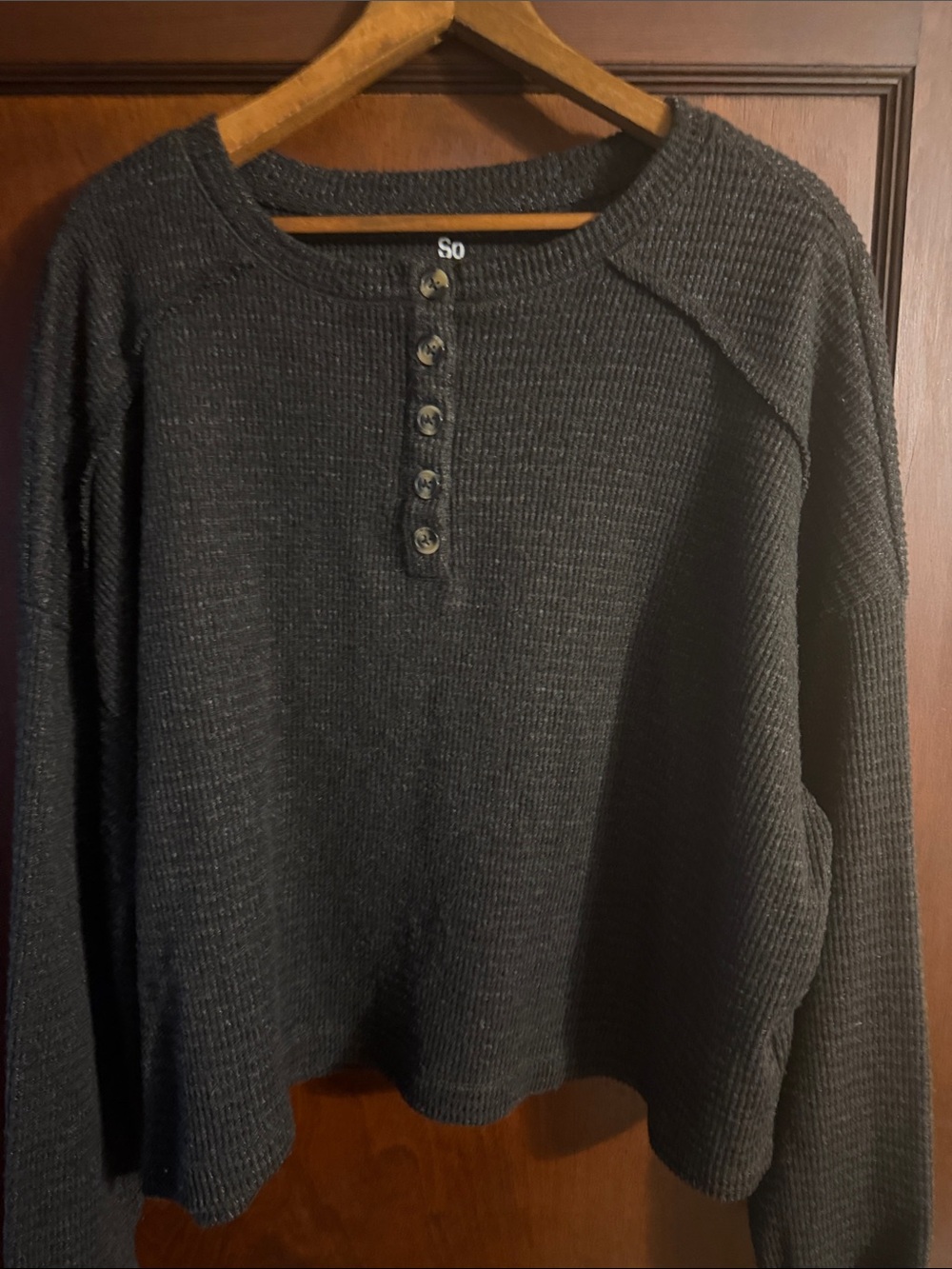 SO Black Waffle-Knit Henley Crewneck Sweater